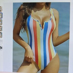 SHEKINI Wire One Piece Retro high cut open back Striped Multicolor Swimsuit